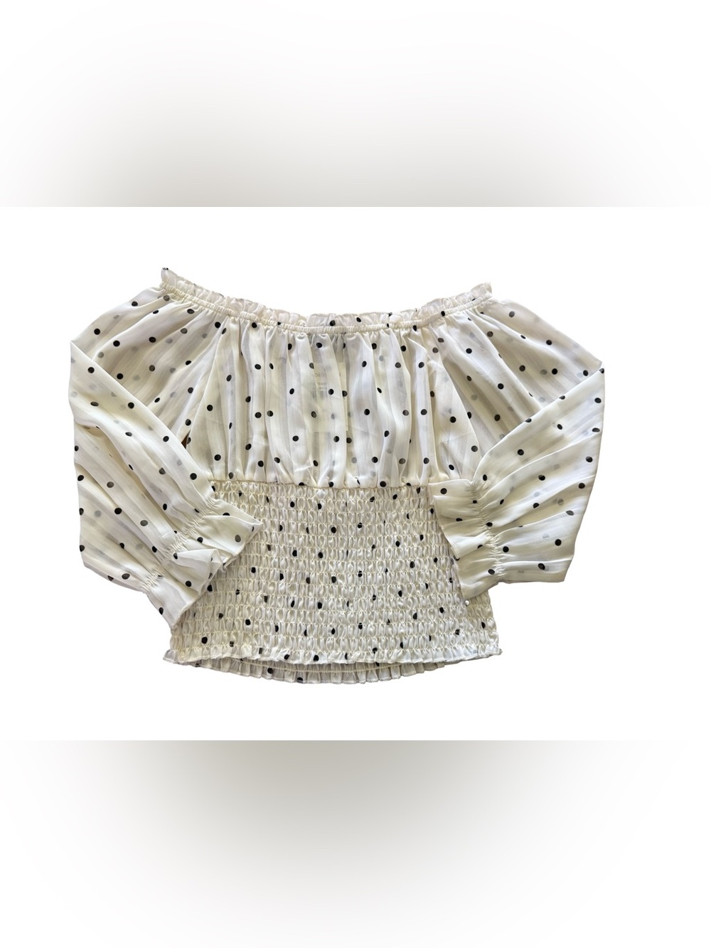 One Clothing Ivory Black Polka Dot Smocked Off Shoulder Crop Top S NWT